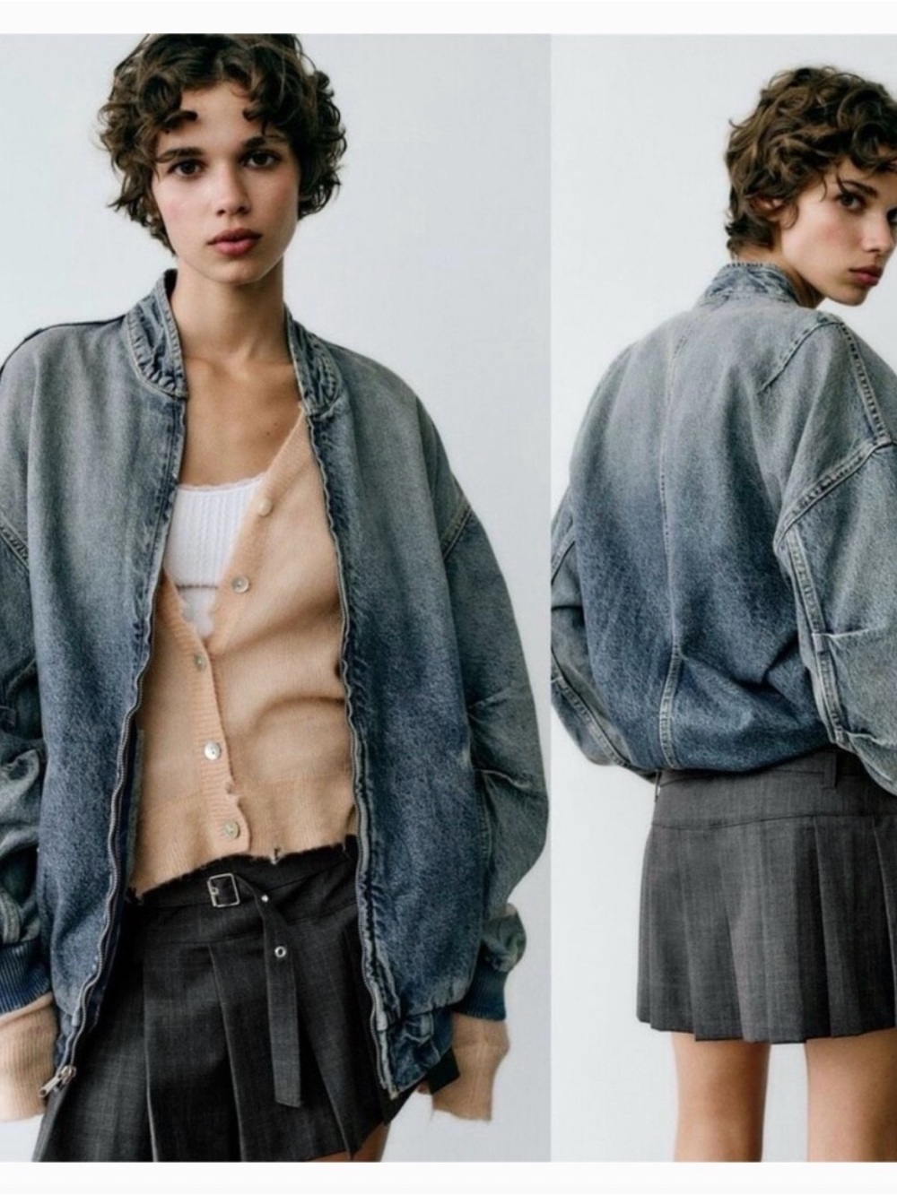 Zara Washed Gray Denim Bomber Jacket